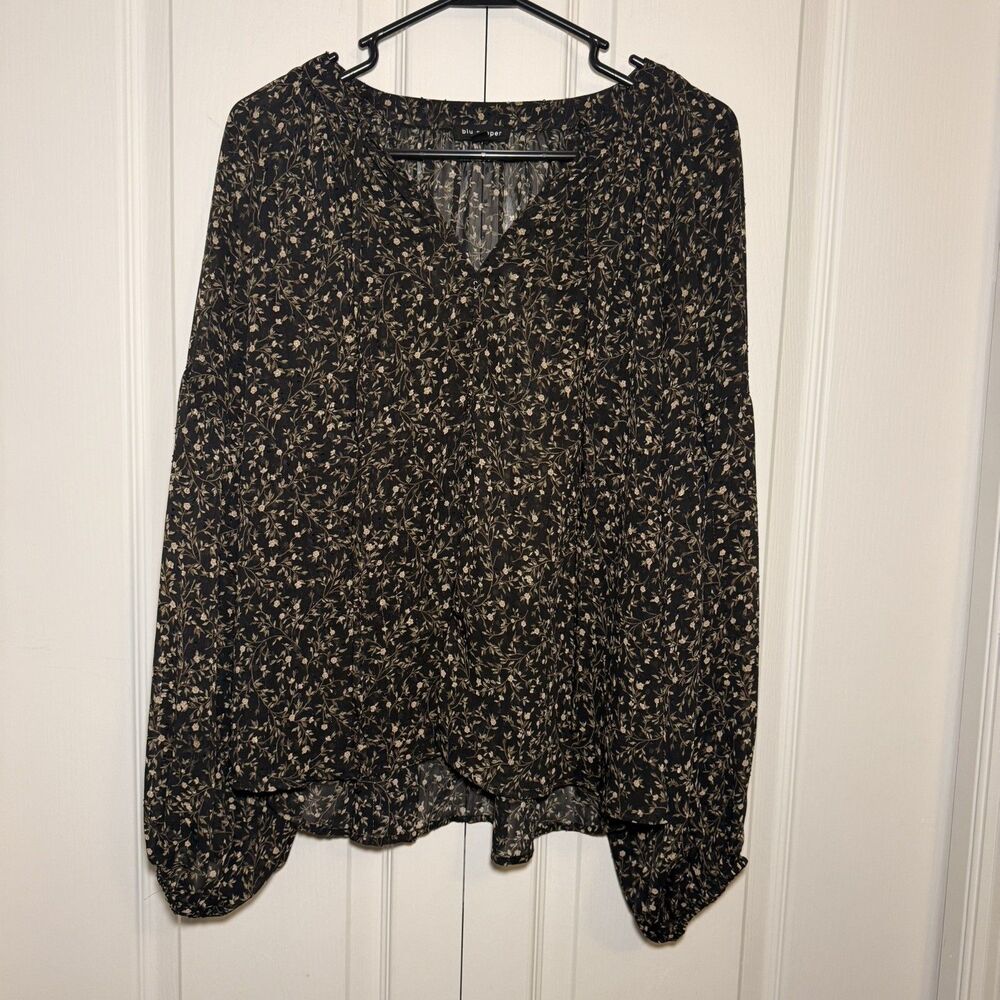 Blu Pepper Women's Floral Boho Blouse V Neck Ruffle Long Puff Sleeve Size Small